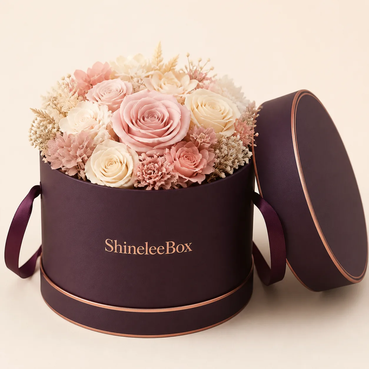 Luxury Round Flower Hat Box with Ribbon Handles by ShineleeBox