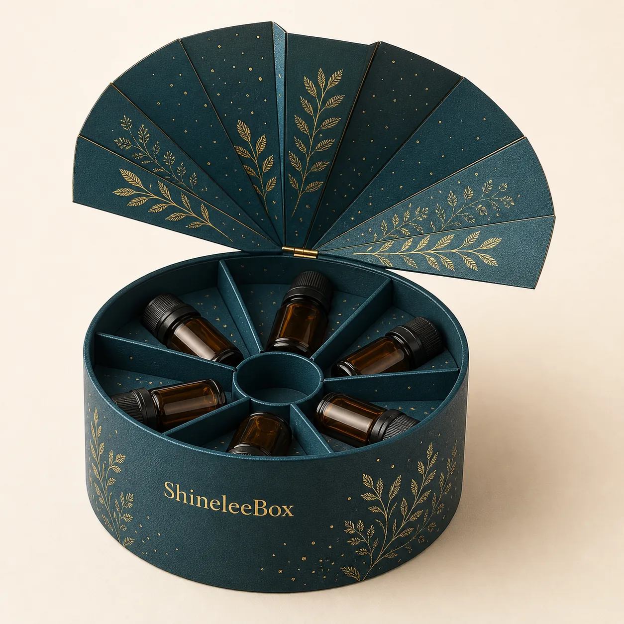 Round Essential Oil Discovery Box with Fan-Opening Lid by ShineleeBox
