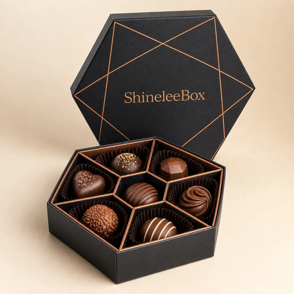 Custom Hexagonal Chocolate Gift Box with Wedge Compartments by ShineleeBox