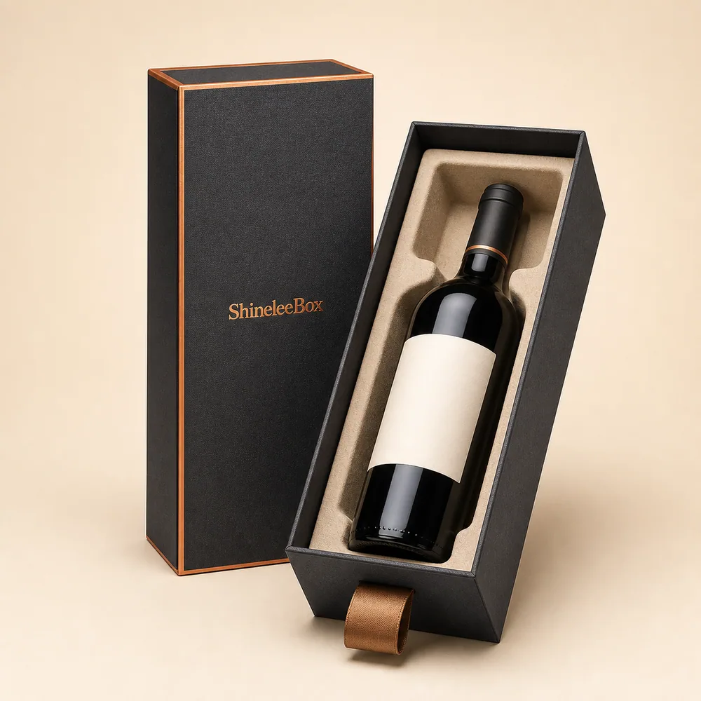 Vertical Drawer Wine Bottle Gift Box with Ribbon Pull by ShineleeBox
